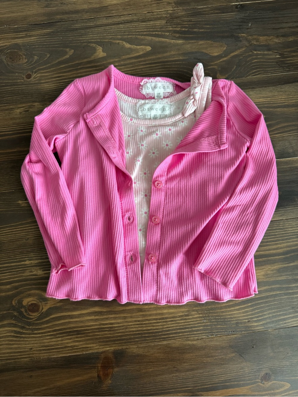 btween Girl’s Pink Ribbed Cardigan with Printed Tank Set
